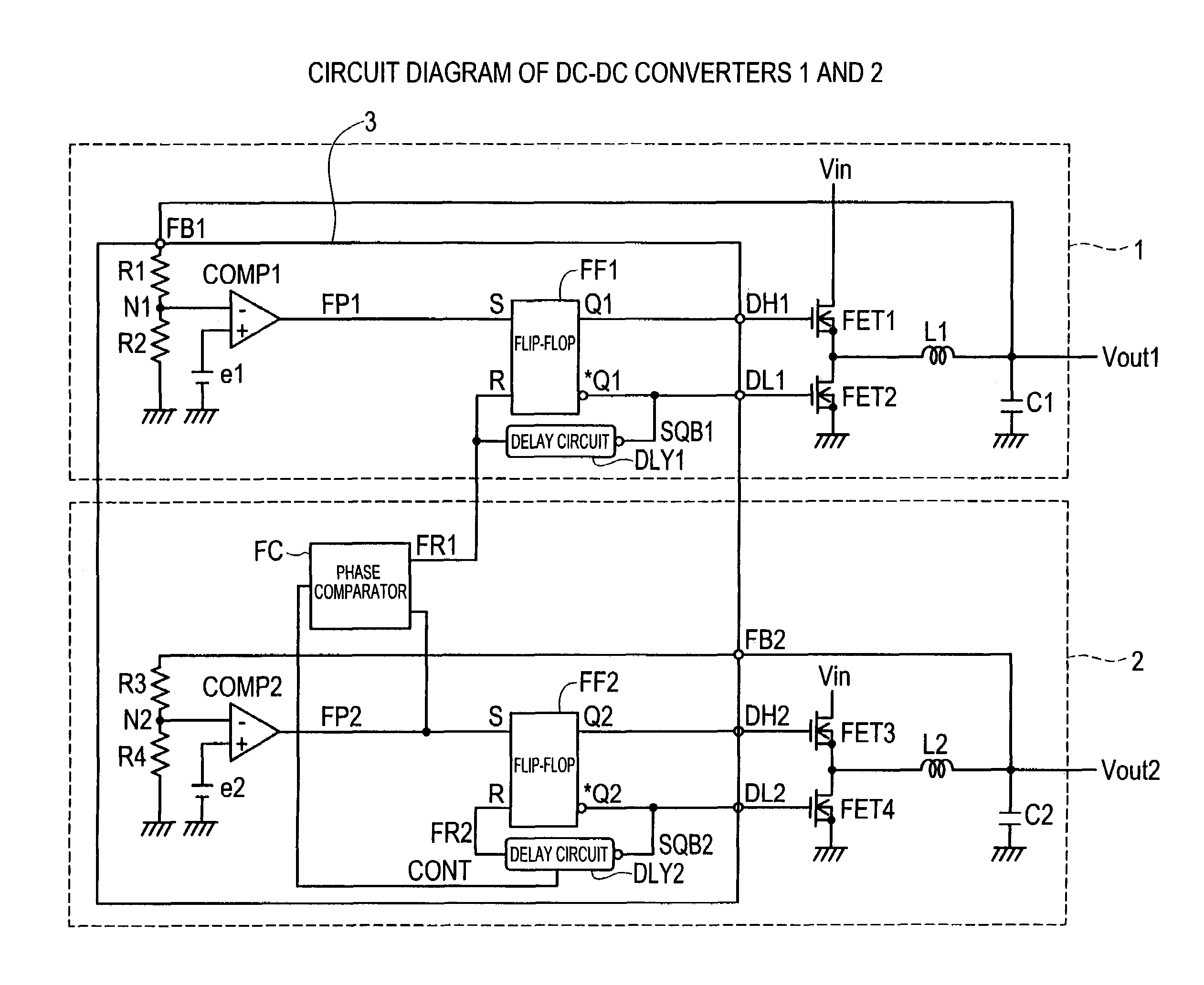 Plural output switching regulator with phase comparison and delay means