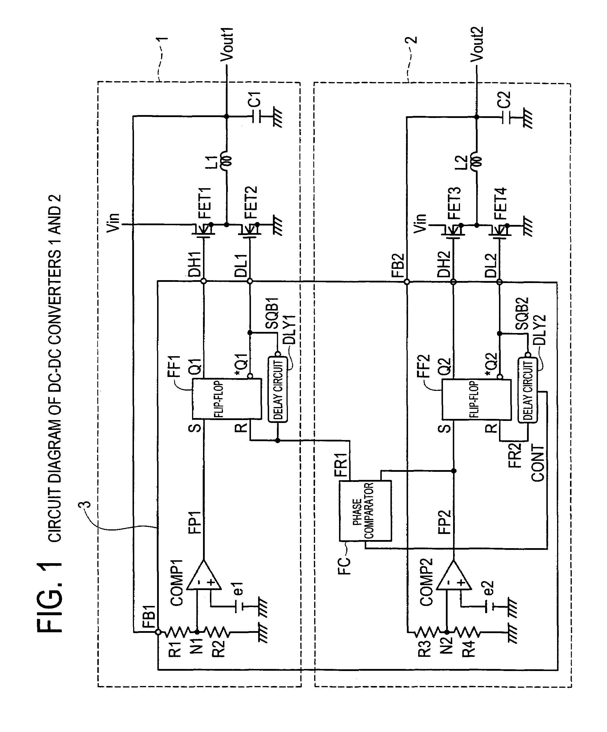 Plural output switching regulator with phase comparison and delay means