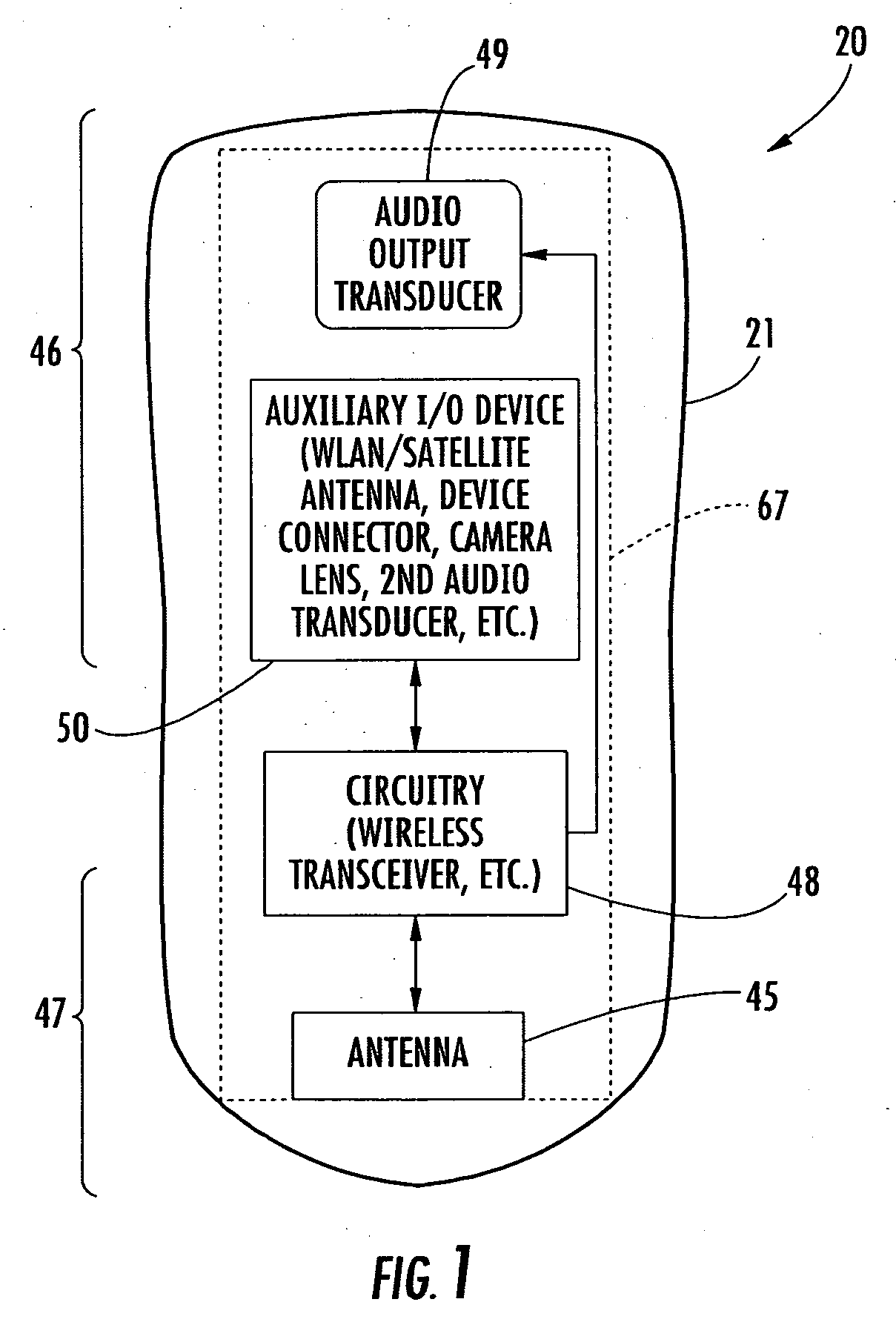 Mobile wireless communications device comprising a top-mounted auxiliary input/output device and a bottom-mounted antenna
