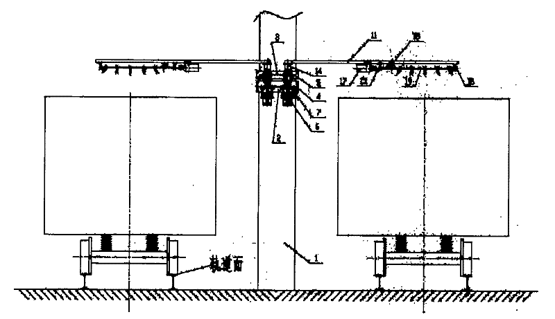 Rotating arm type antifreezing fluid spraying device for two-lane coal trains