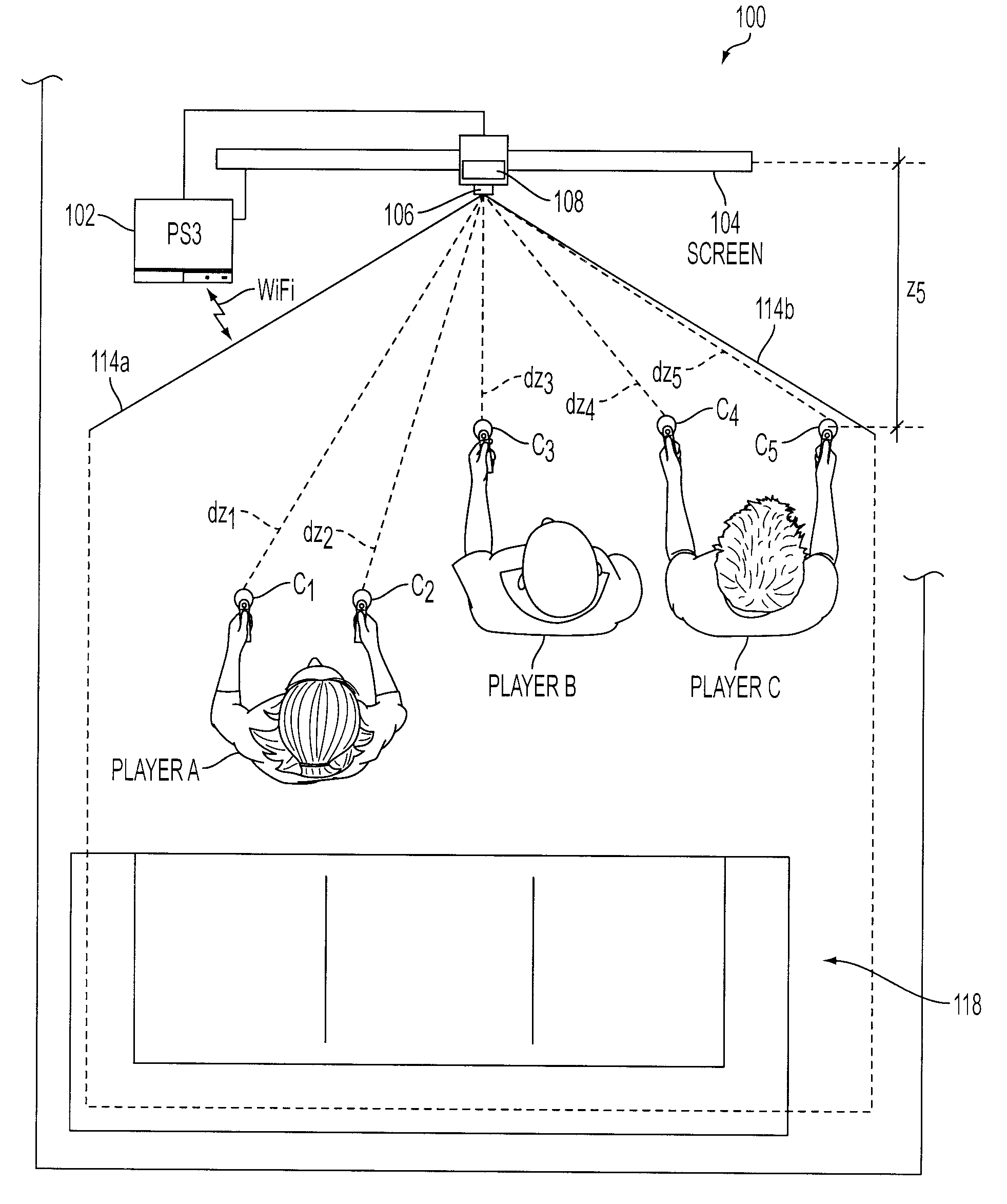 Determination of controller three-dimensional location using image analysis and ultrasonic communication