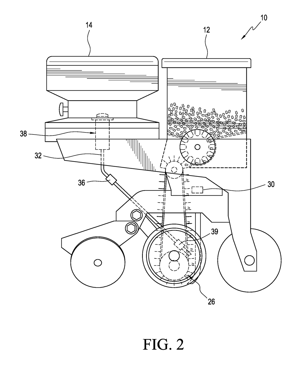 Electronically pulsing agricultural product with seed utilizing seed transport mechanism