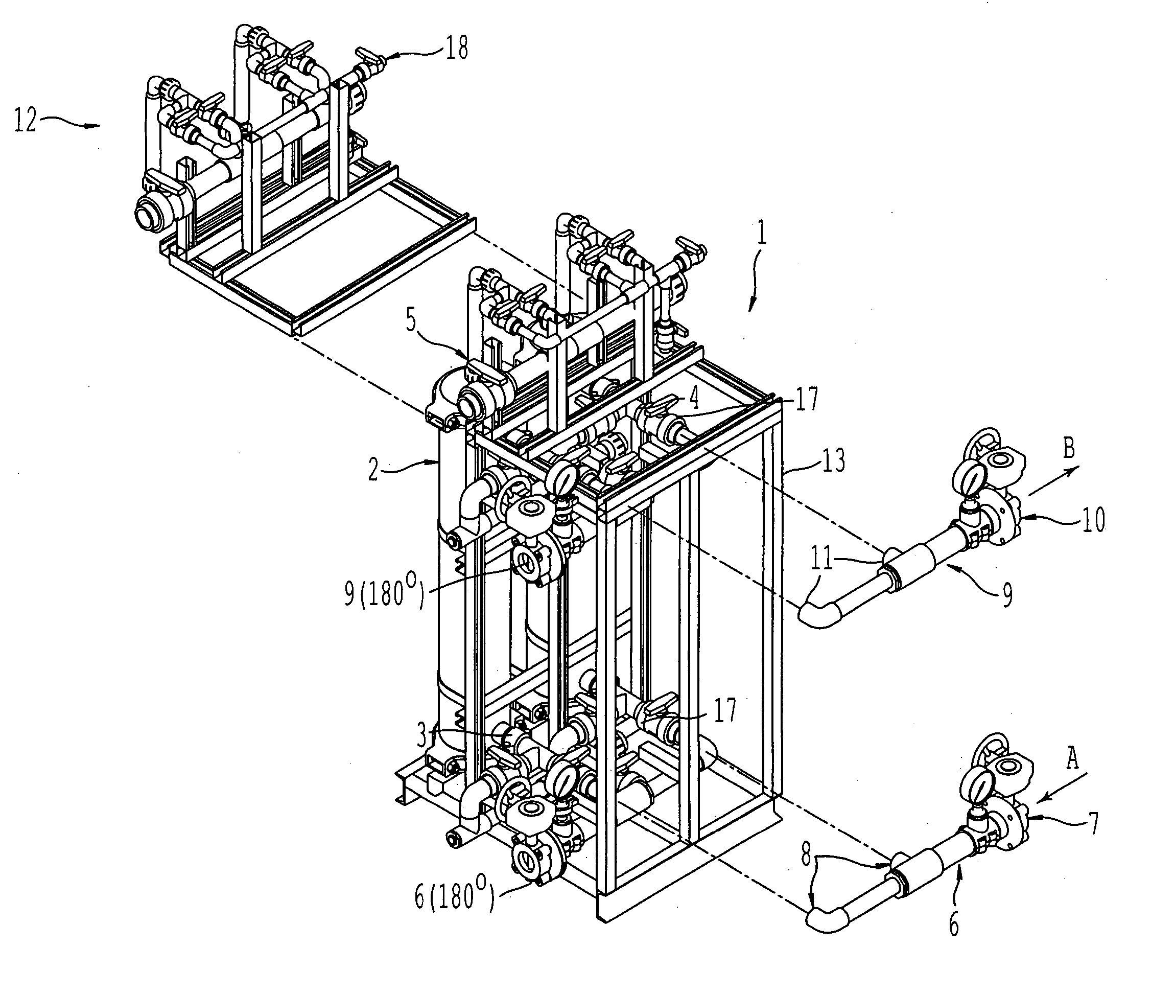 Modular fluid processing system with reversible plumbing connection