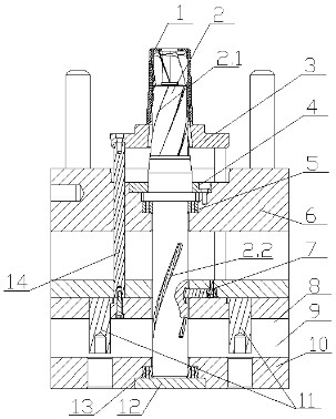 A mechanism for the top plate of an injection mold to drive the screw to rotate and eject the mold
