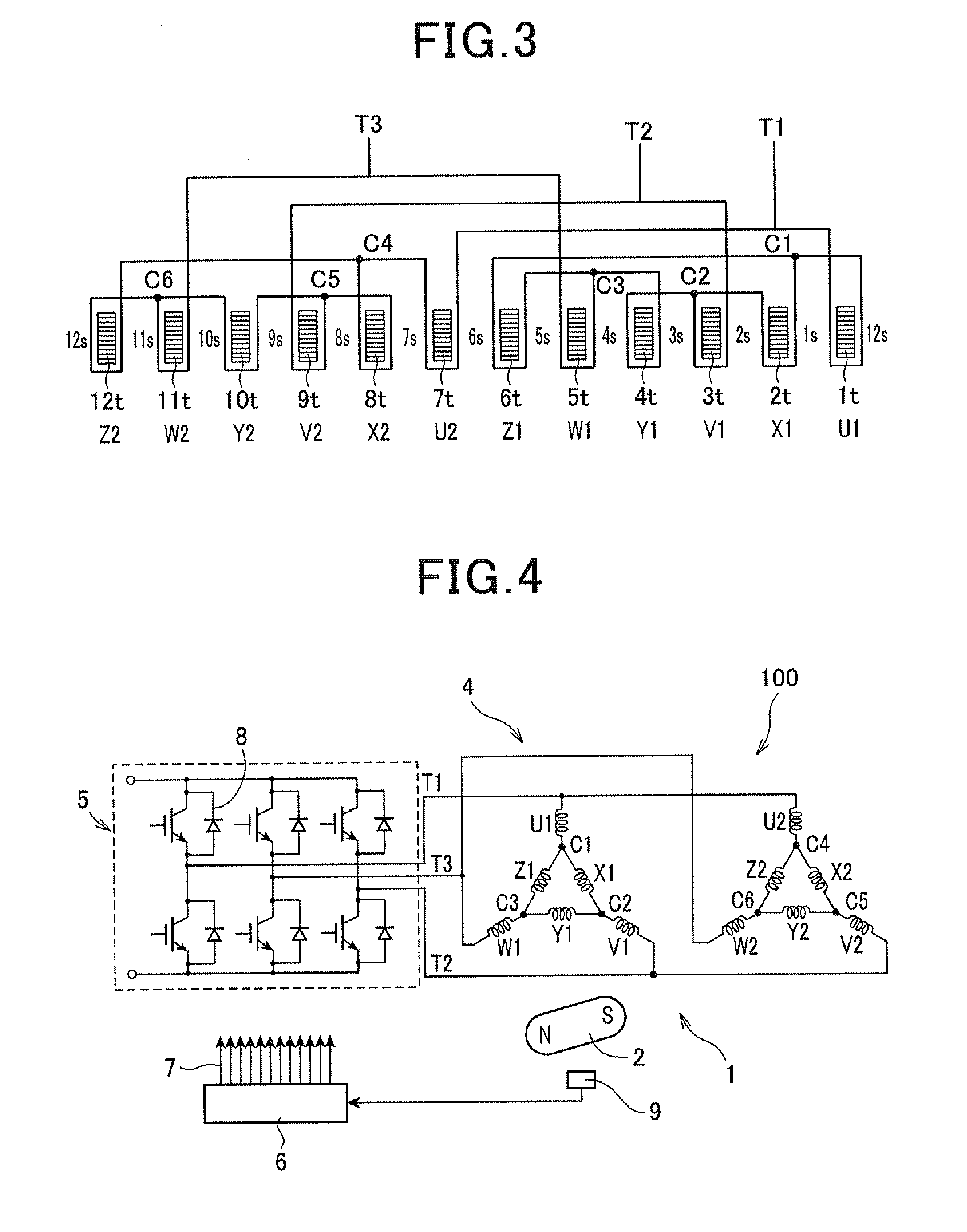 Electric rotating machine drivable with a single three-phase inverter