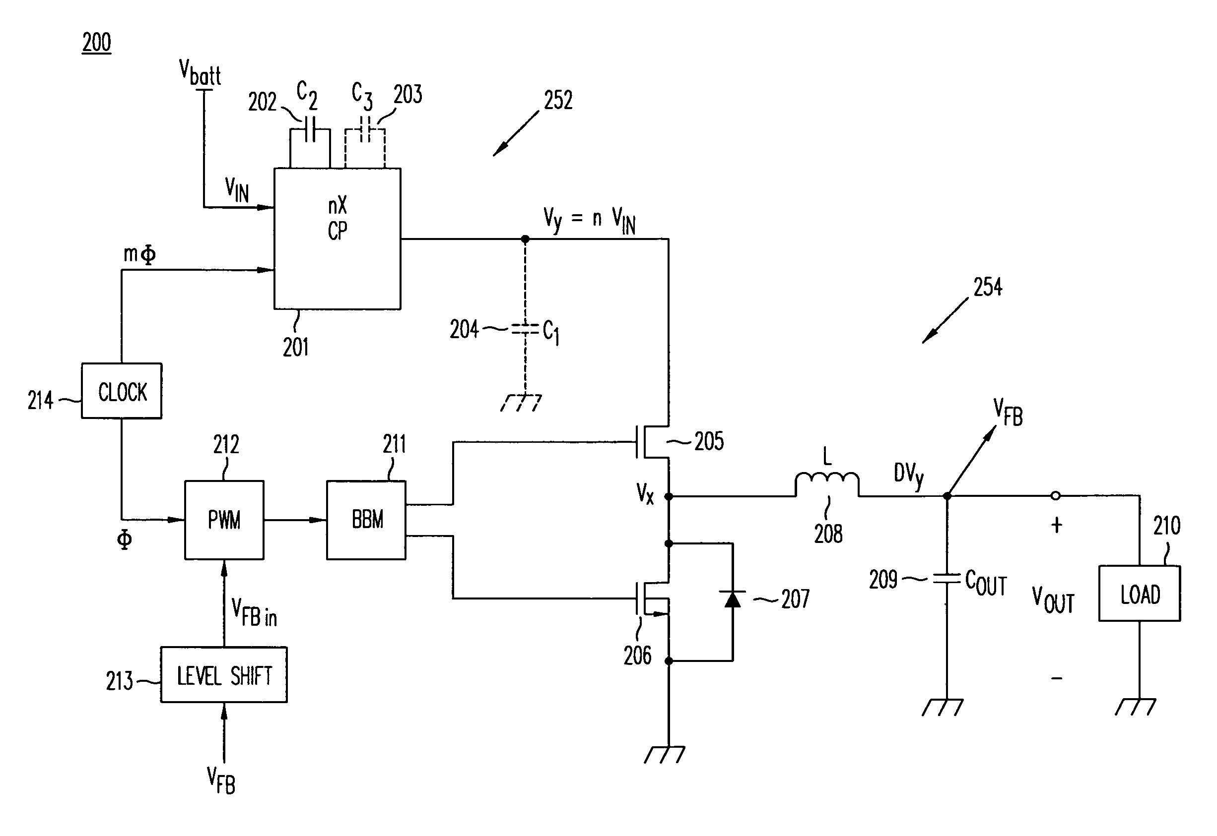 High-efficiency DC/DC voltage converter including capacitive switching pre-converter and down inductive switching post-regulator