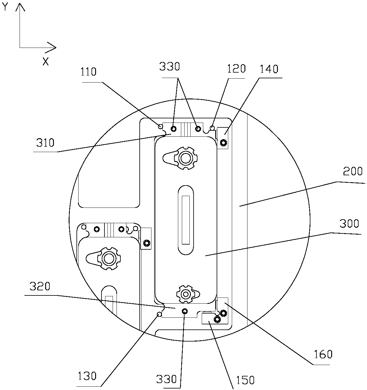 Adjusting device and nozzle frame