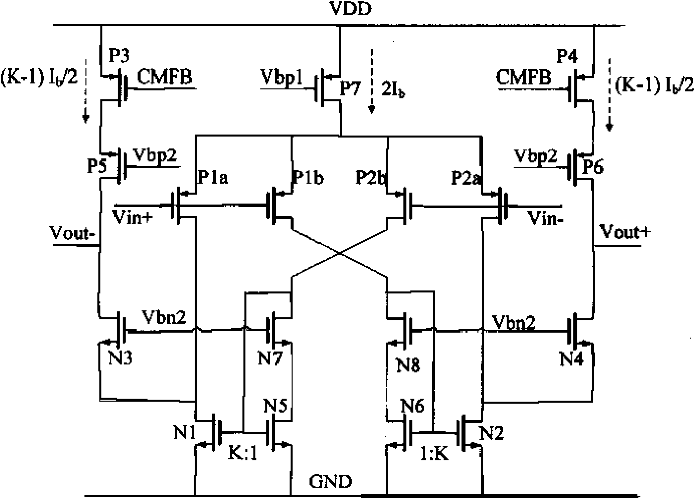 Transconductance-enhanced recovery current folded MOS (metal oxide semiconductor) transistor cascade amplifier