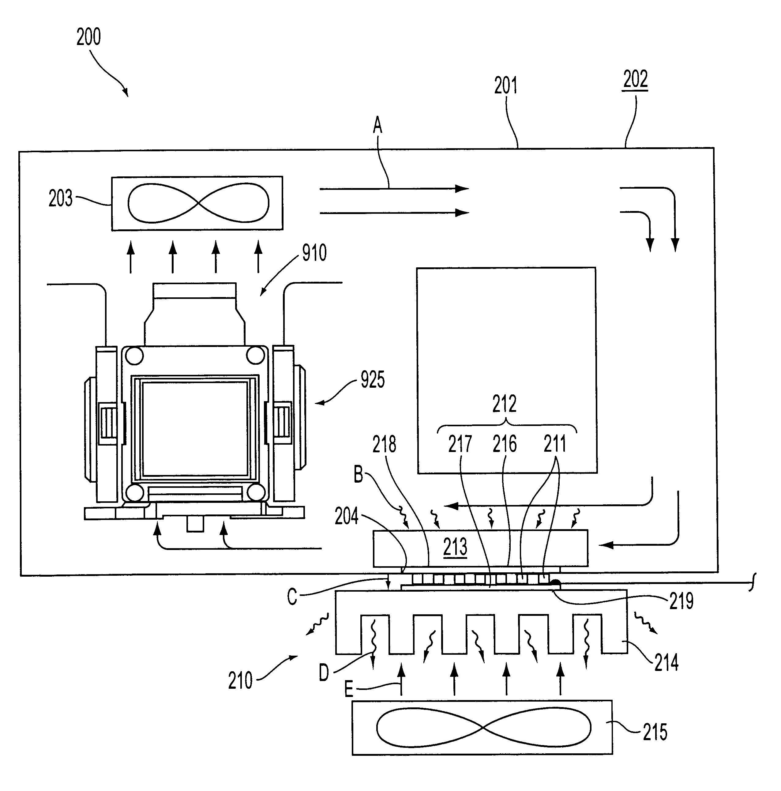 Optical projector with image enlarging and projecting capability and heat insulating and cooling means