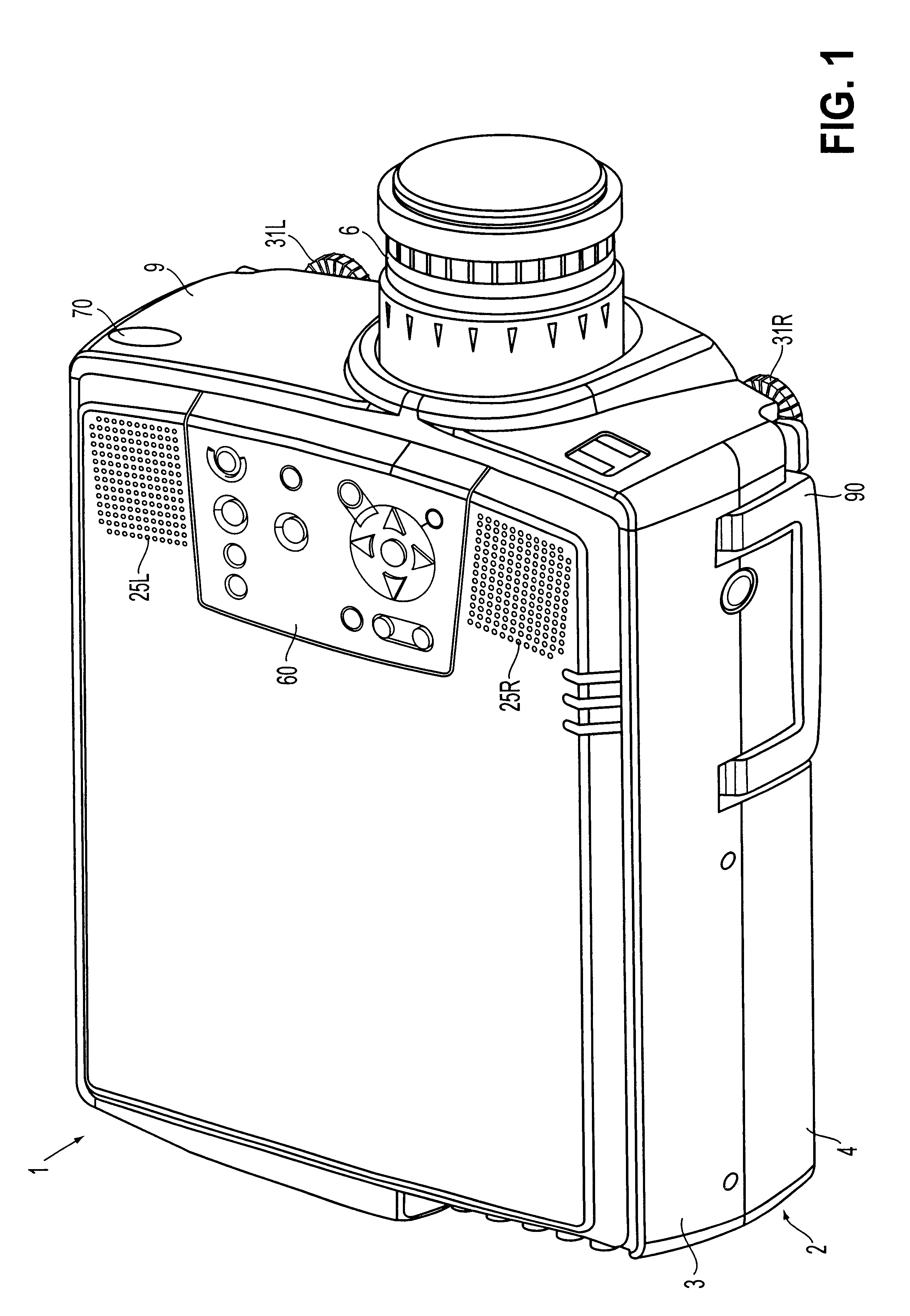 Optical projector with image enlarging and projecting capability and heat insulating and cooling means