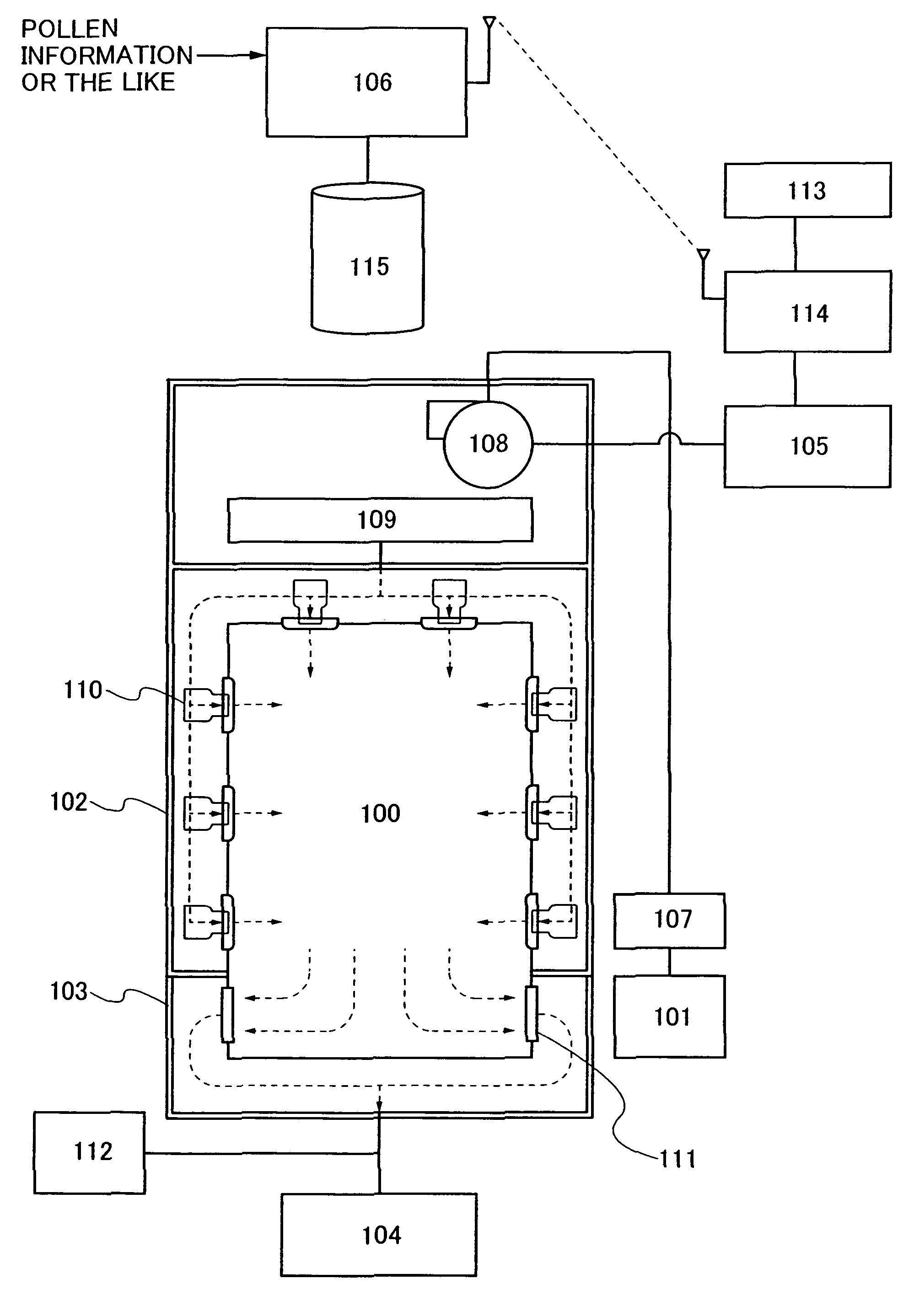 Air shower device, building, and system for reducing hay fever