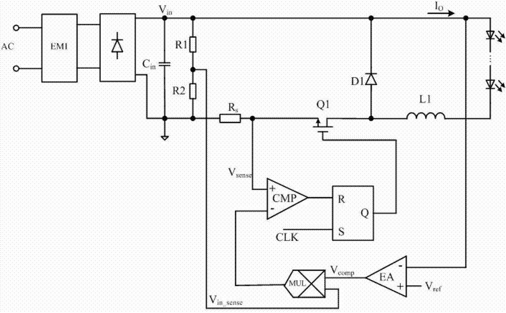 Inductive current detecting circuit and LED (light emitting diode) driving circuit using inductive current detecting circuit