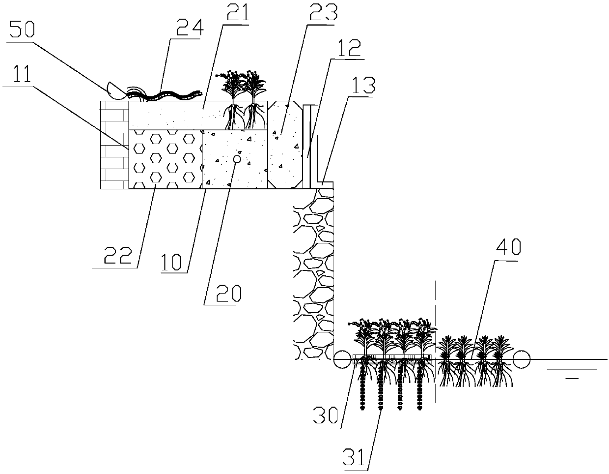 A constructed wetland purification treatment system suitable for black and odorous rivers in cities and towns