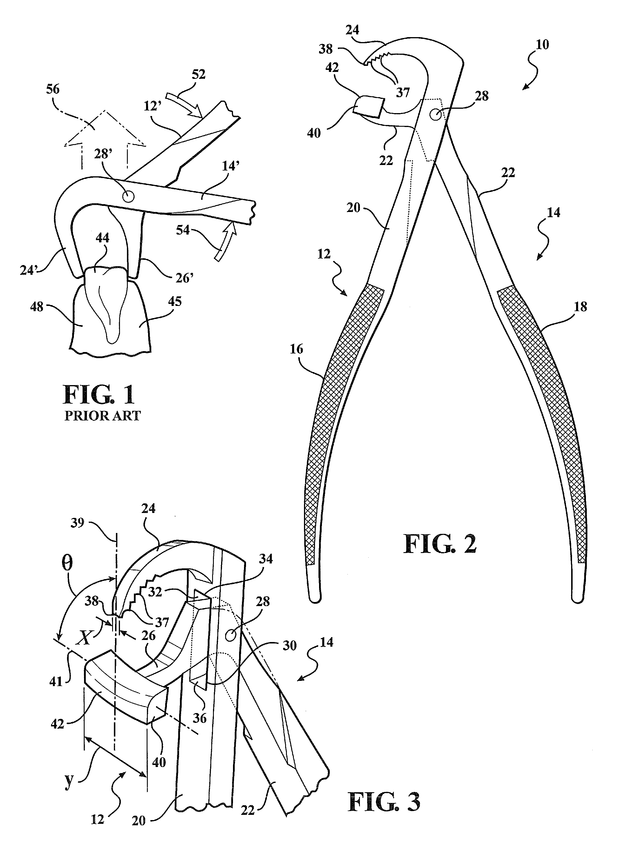 Dental plier design with offsetting jaw and pad elements for assisting in removing upper and lower teeth utilizing the dental plier design