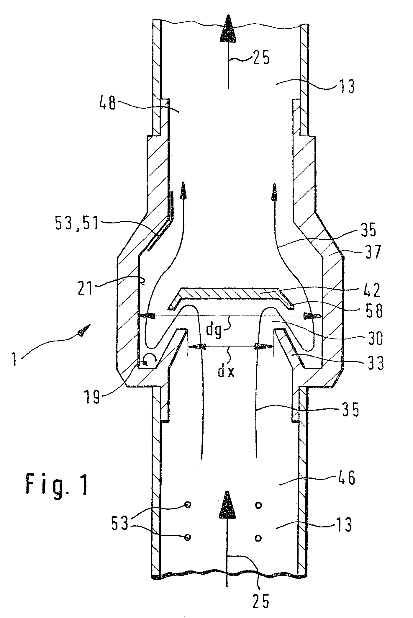 Device for the separation of gas and liquid/solid particles in a mixture of gas and fluid/solid particles flowing in a line and method for the separation thereof