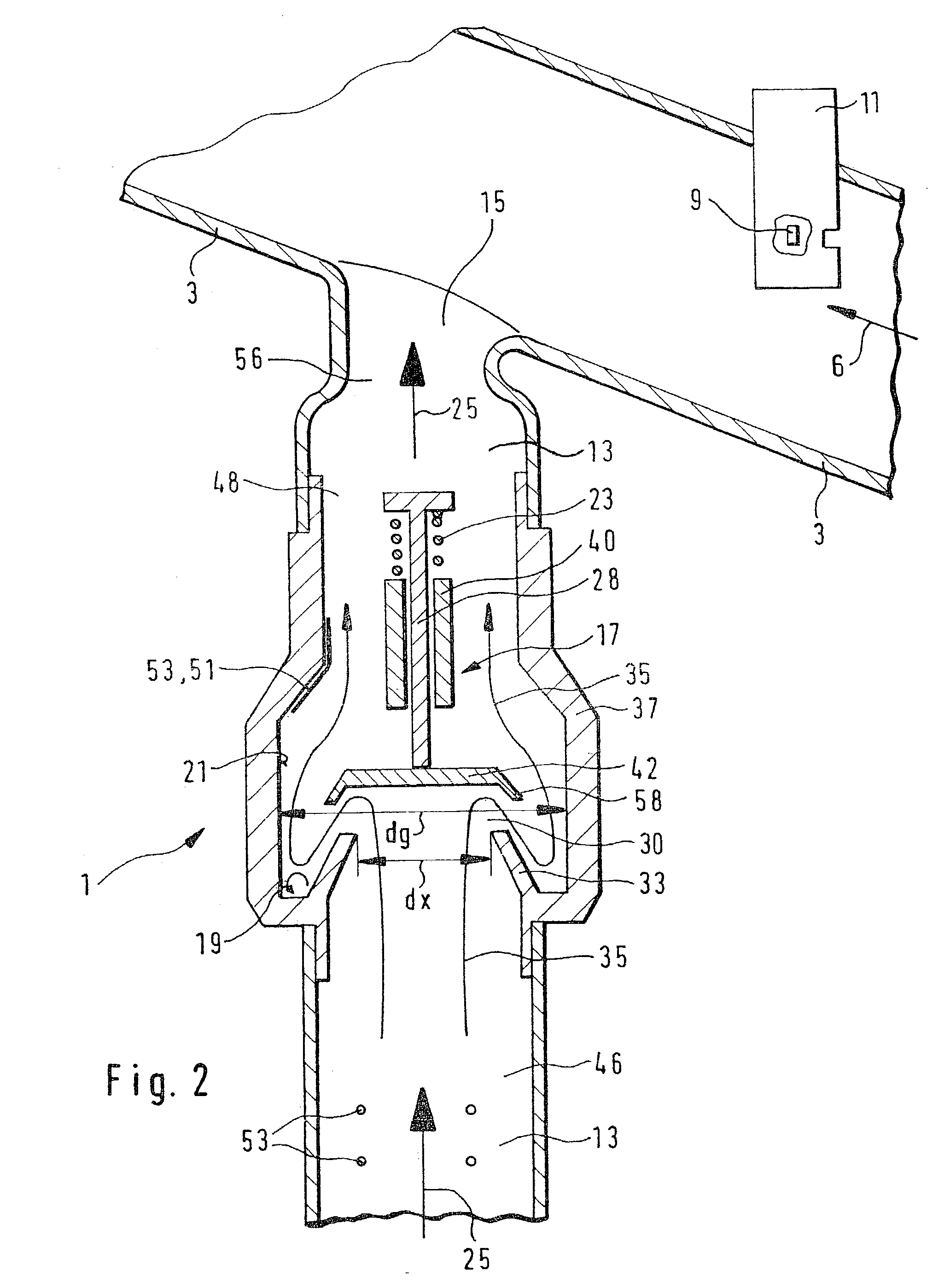 Device for the separation of gas and liquid/solid particles in a mixture of gas and fluid/solid particles flowing in a line and method for the separation thereof
