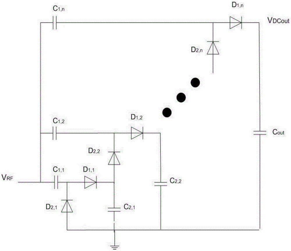 Radio frequency energy collecting device for power supply of wireless sensing node