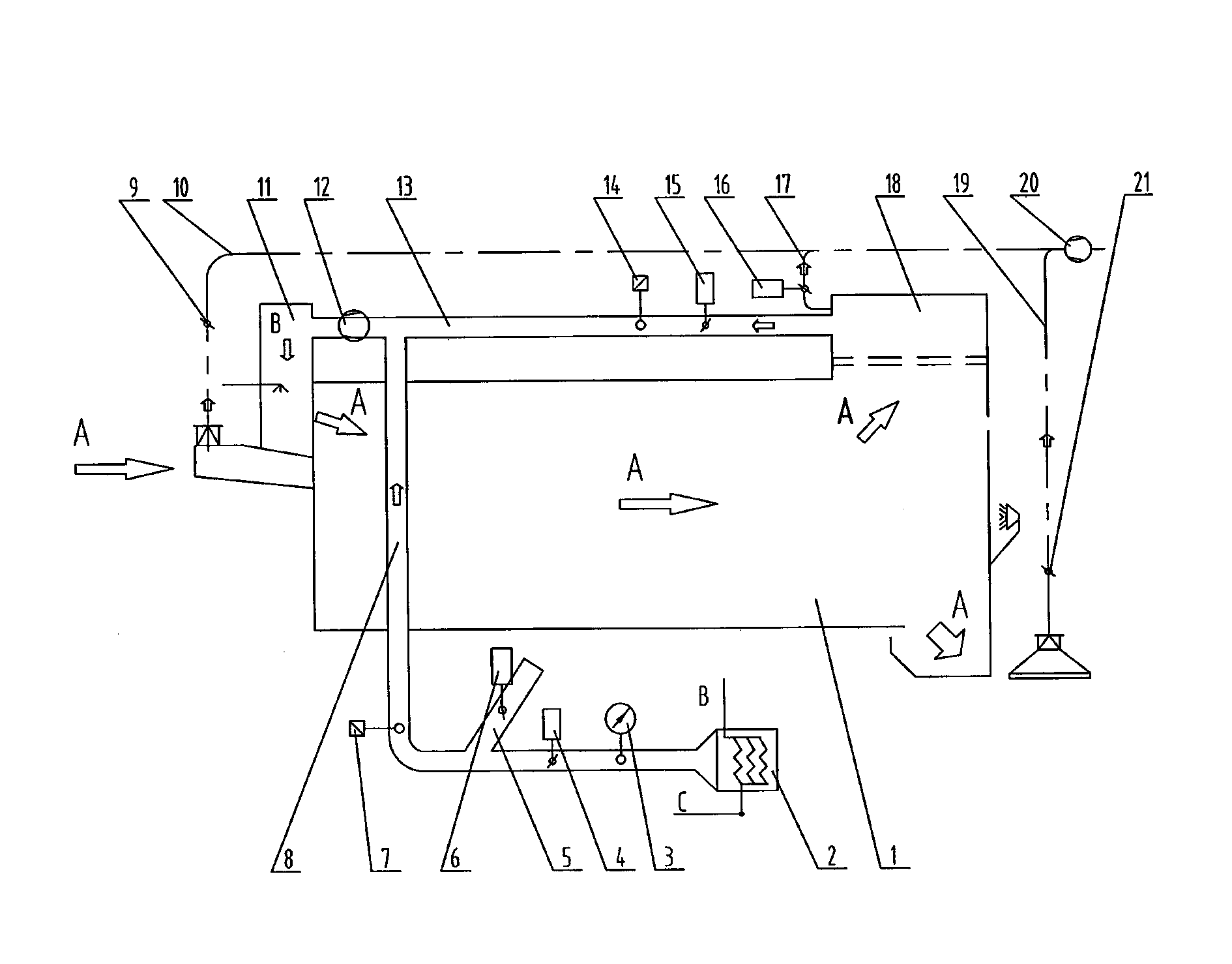 Process hot air circulating device for tobacco charging machine and control method for device