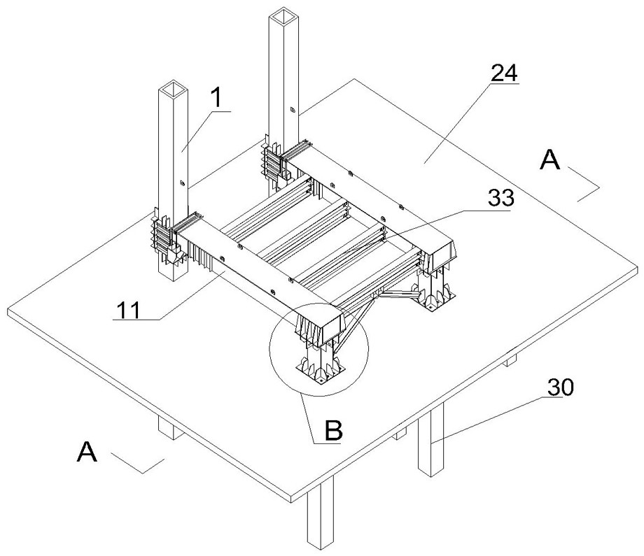 A tower crane foundation structure transmitting force to existing columns and its construction method