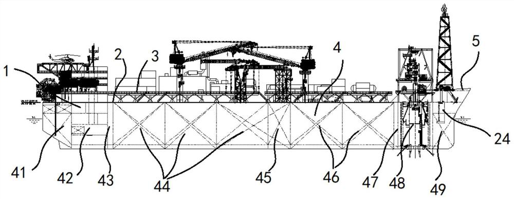 Floating production oil storage device with dry ballast piping system