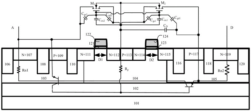 Electronic static discharge (ESD) protection device with bidirectional silicon controlled rectifier (SCR) structure embedded with interdigital N-channel metal oxide semiconductor (NMOS)