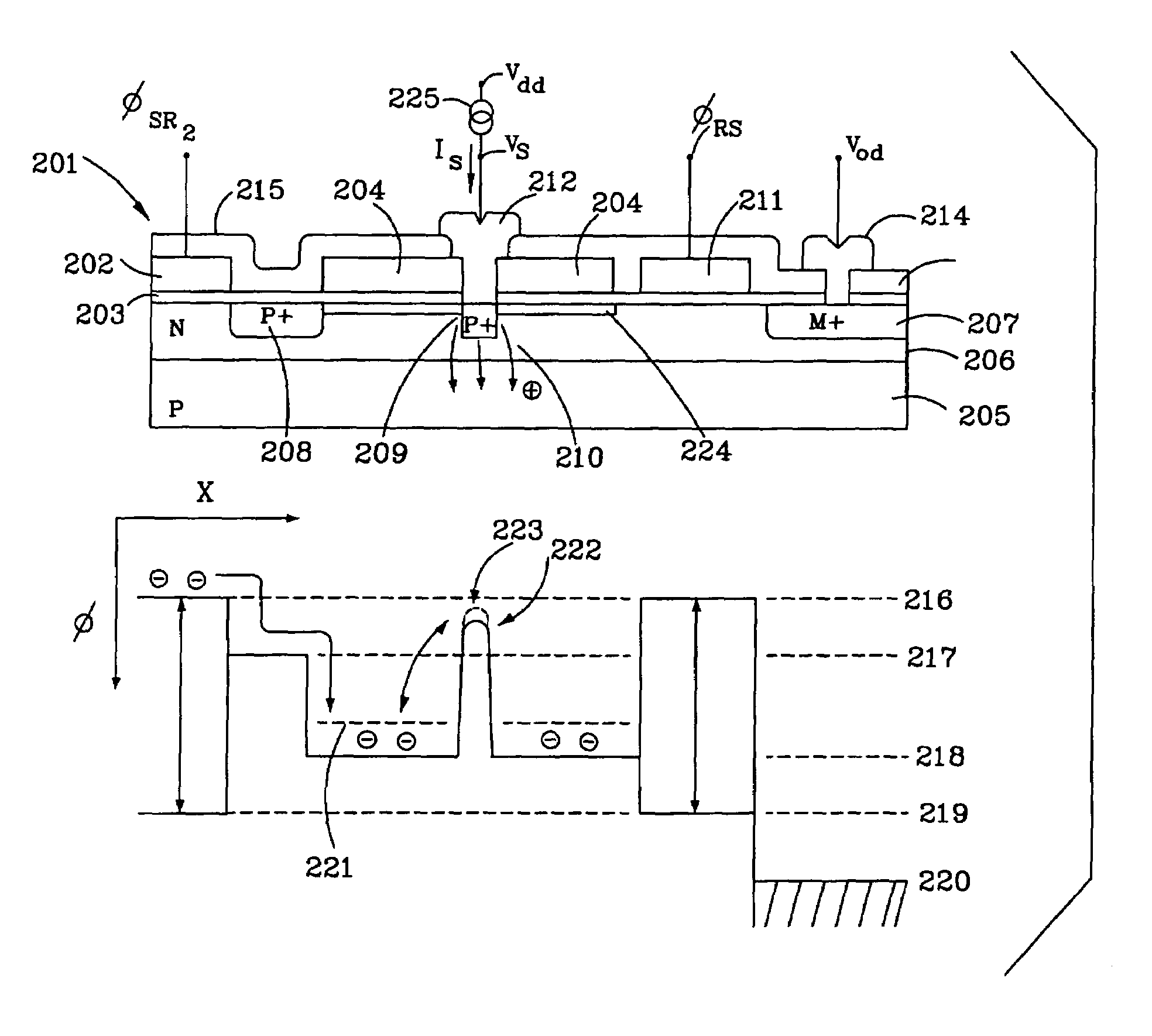 Gated vertical punch through device used as a high performance charge detection amplifier