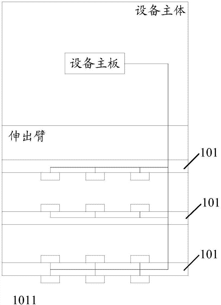 Extension arm, equipment with extended wiring region and system