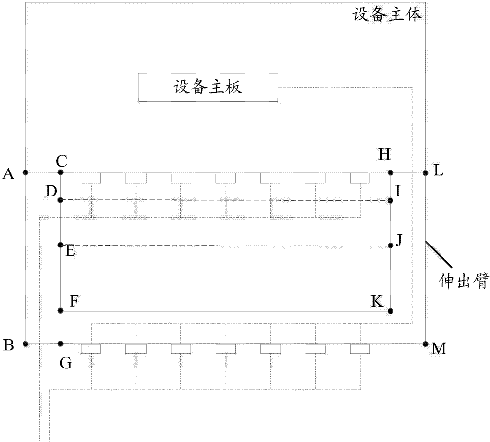 Extension arm, equipment with extended wiring region and system