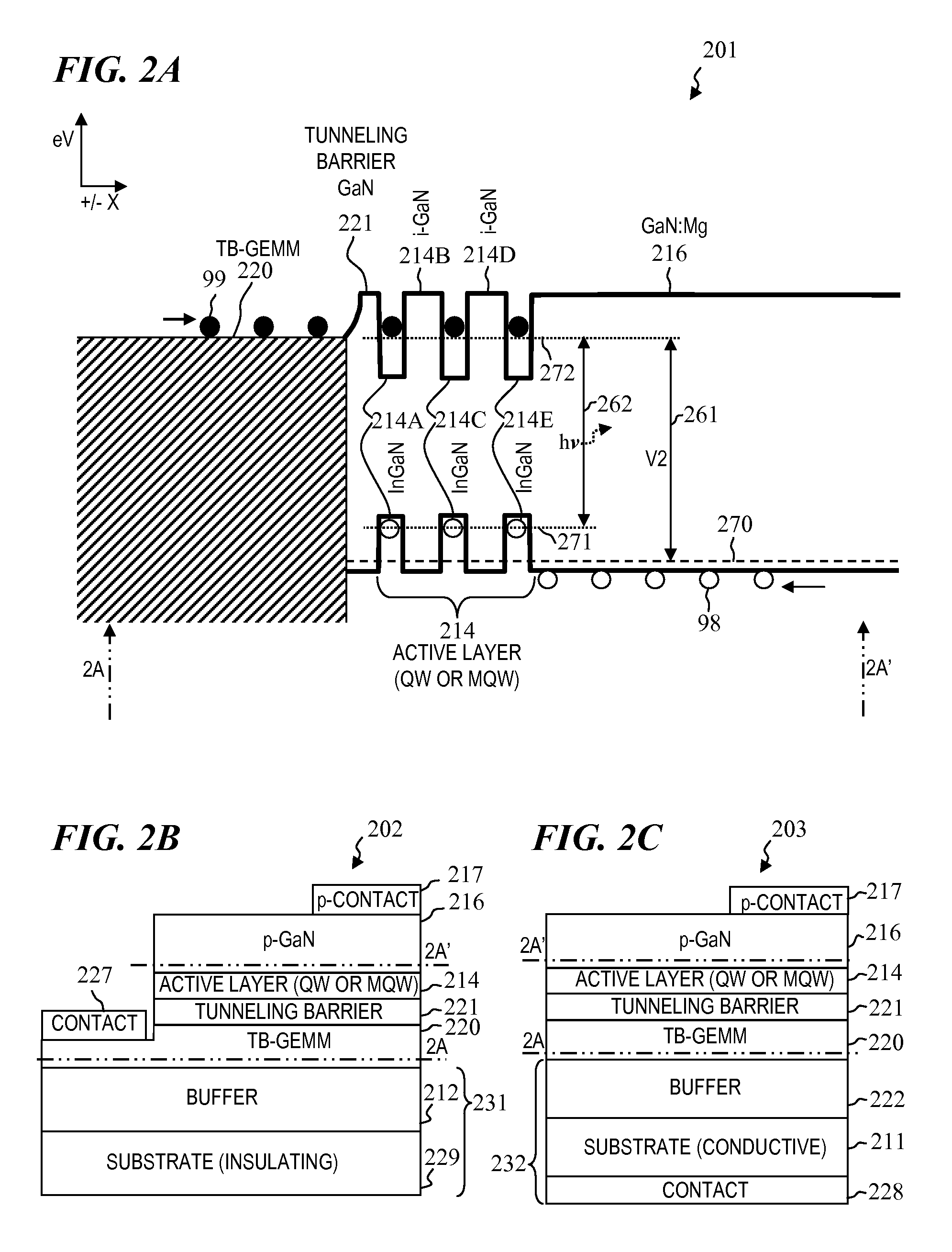 Current-injecting/tunneling light-emitting device and method