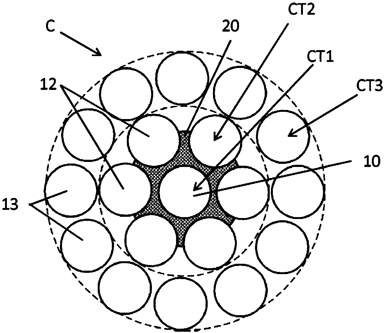 Cable treated with in-situ rubberization and comprising a sizing composition containing a corrosion inhibitor