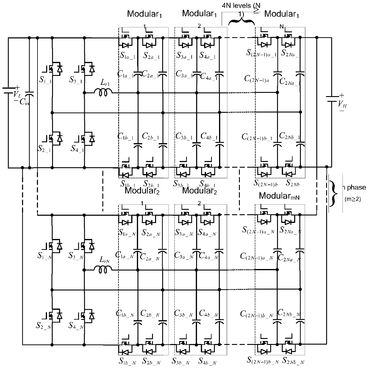 Multiphase resonance bridge type modular multi-level switch capacitor converter