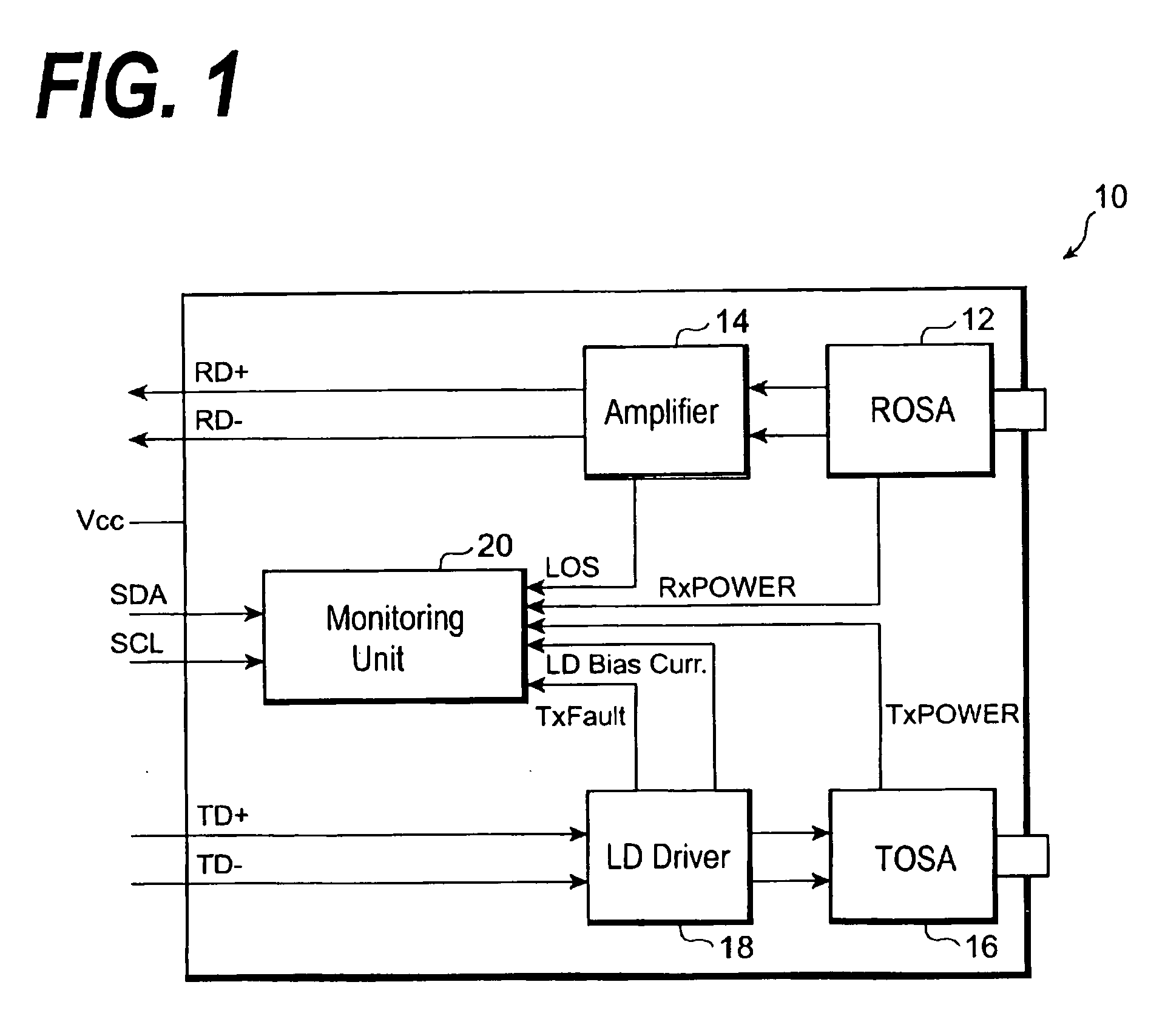 Optical transceiver with function for monitoring operating and ambient conditions