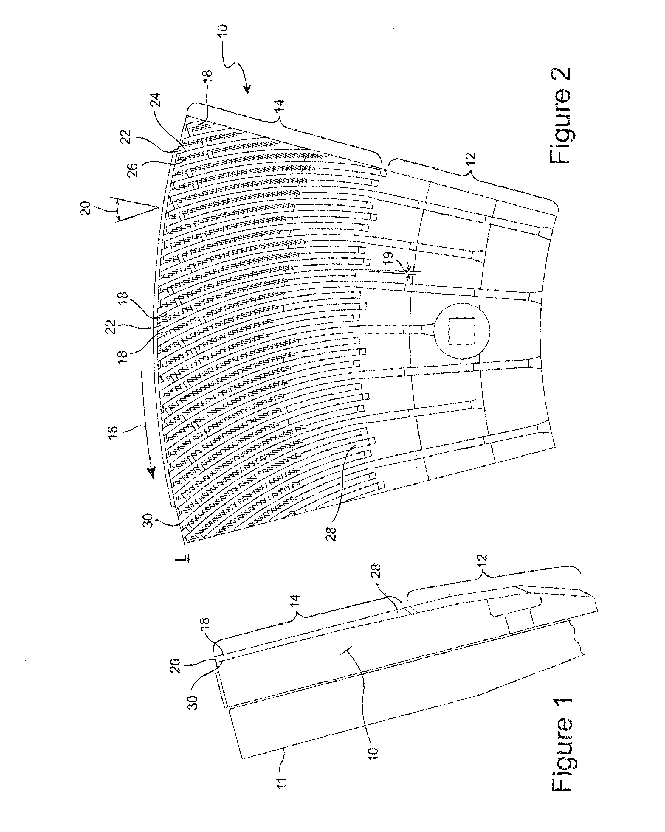 Rotor refiner plate element for counter-rotating refiner having curved bars and serrated leading edges