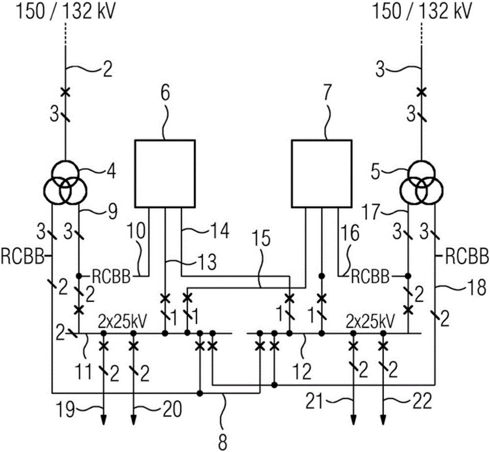 Arrangement for connecting a railway power supply for a railway track to a three-phase supply network