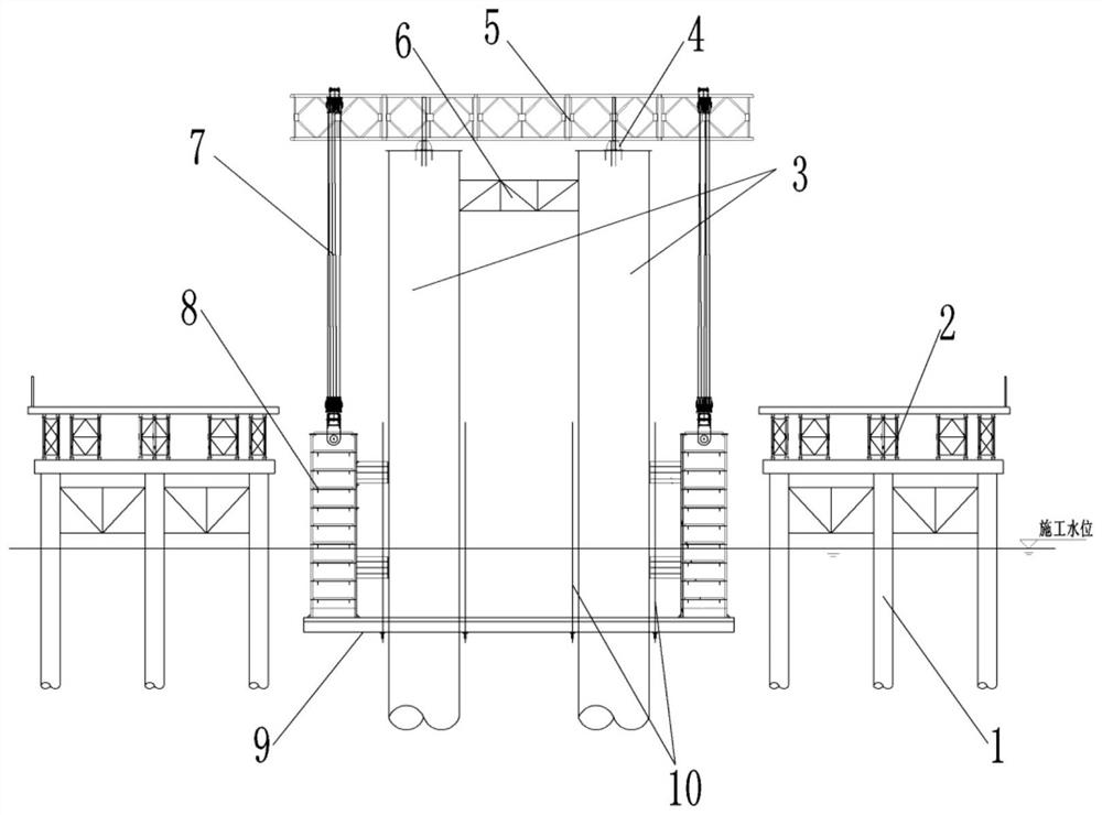 Cofferdam hoisting and lowering construction device and cofferdam hoisting and lowering construction method