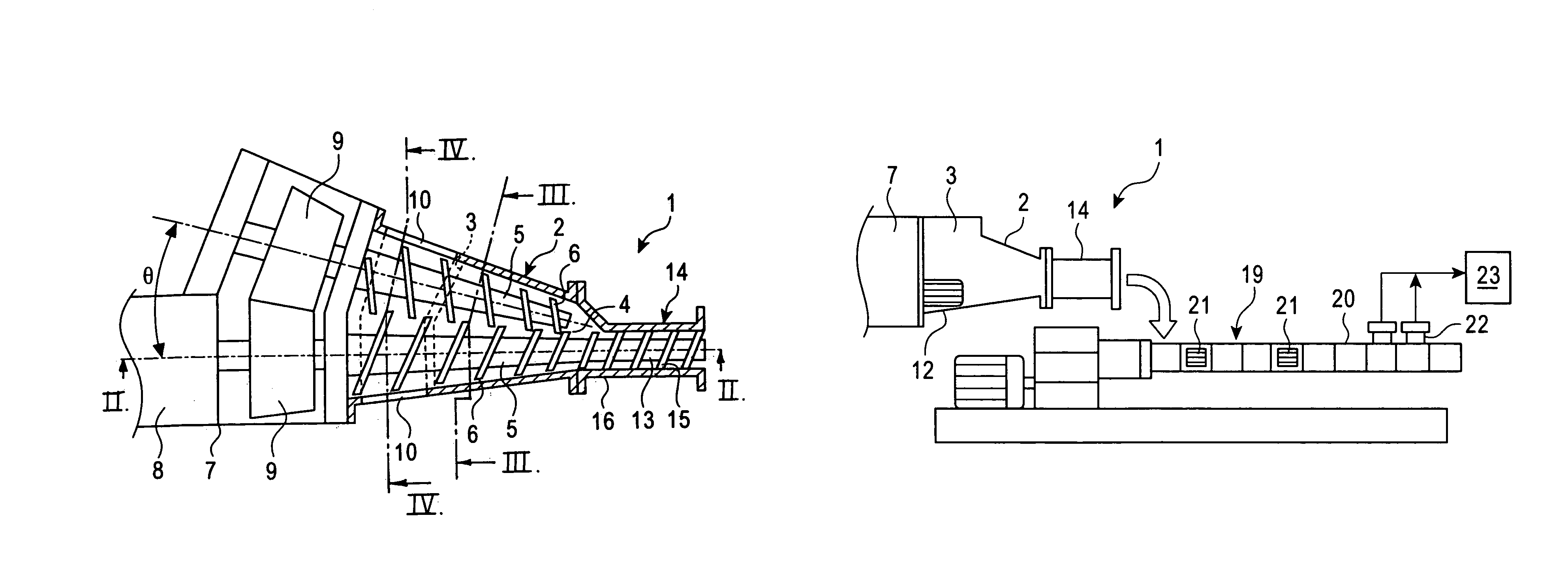 Conical twin-screw extruder and dehydrator