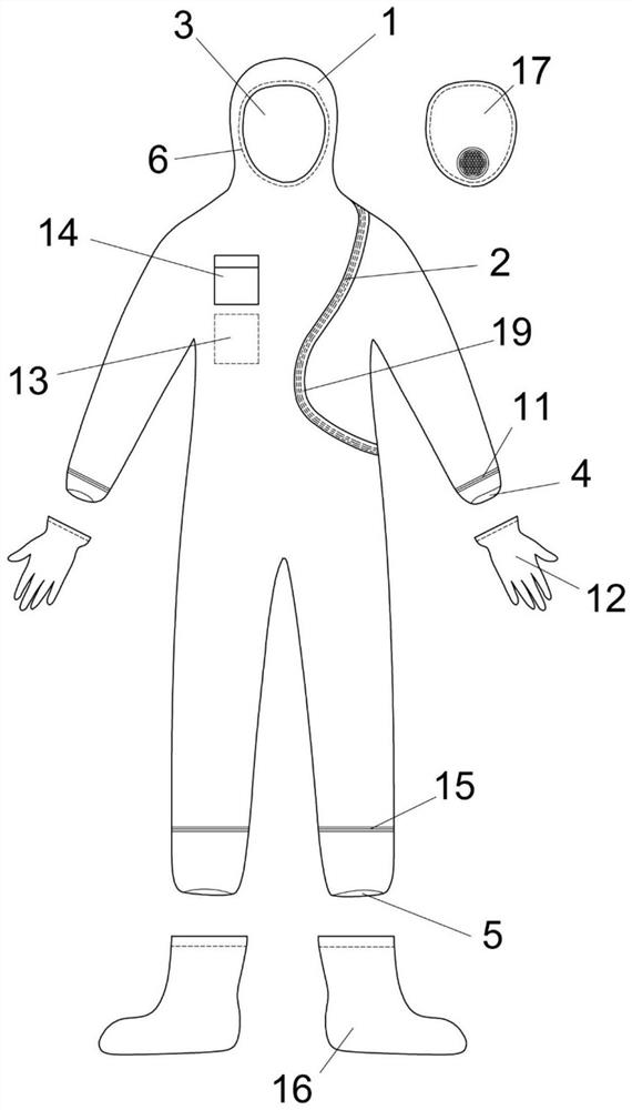 Curve-shaped sealing zipper one-piece protective clothing