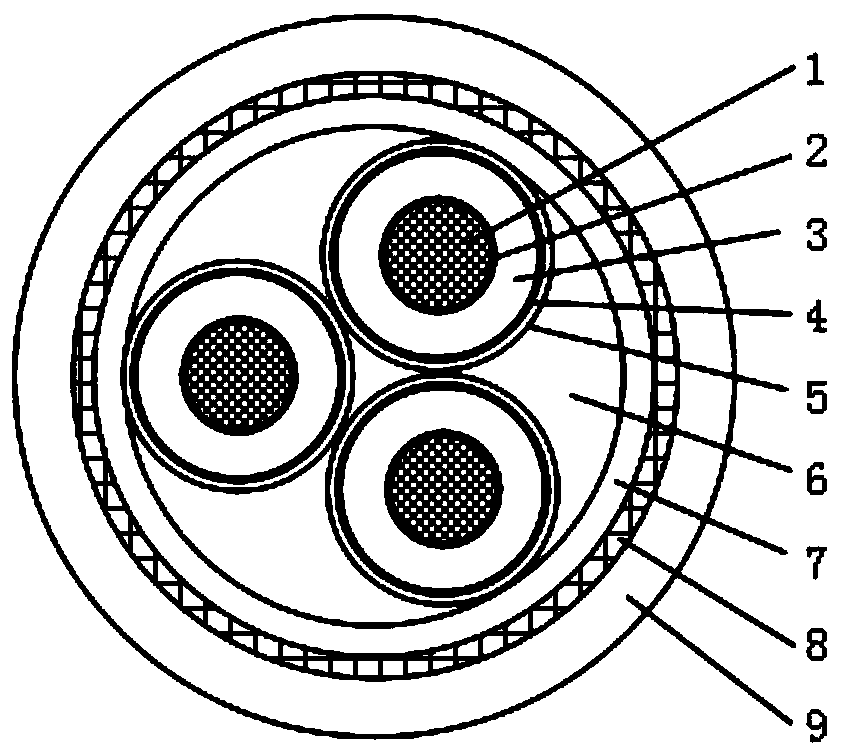 Intermediate-voltage power cable for slurry-resistant petrolatum oil platform and manufacturing method of power cable