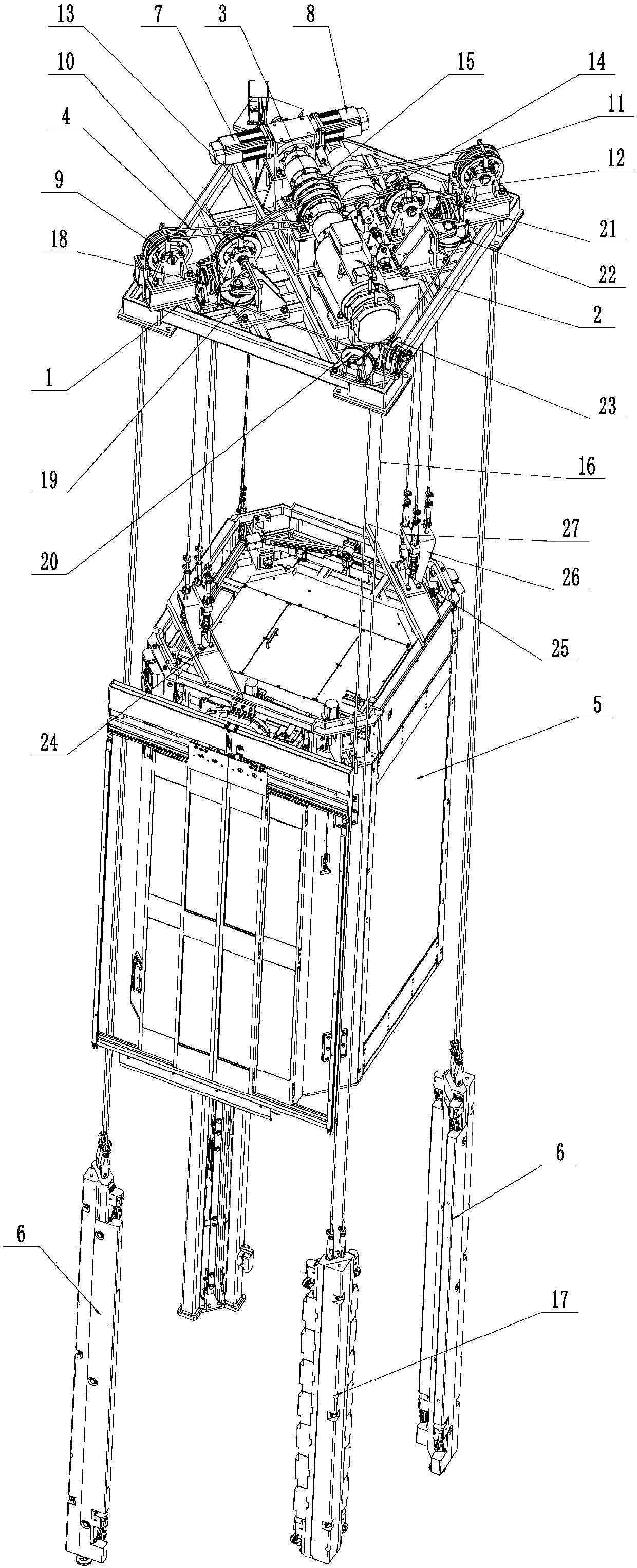 Elevator counter weight opposite-arrangement traction mechanism