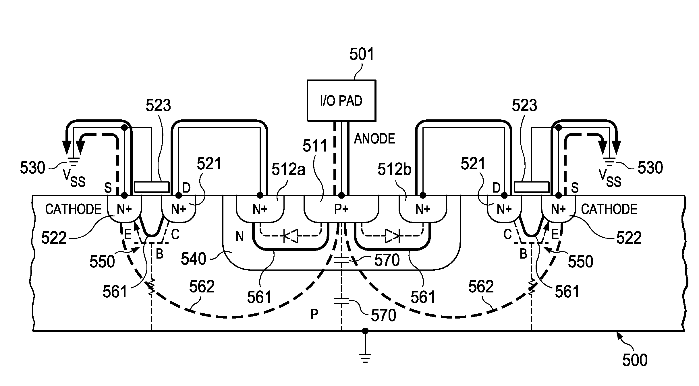 Electrostatic discharge protection having multiply segmented diodes in proximity to transistor