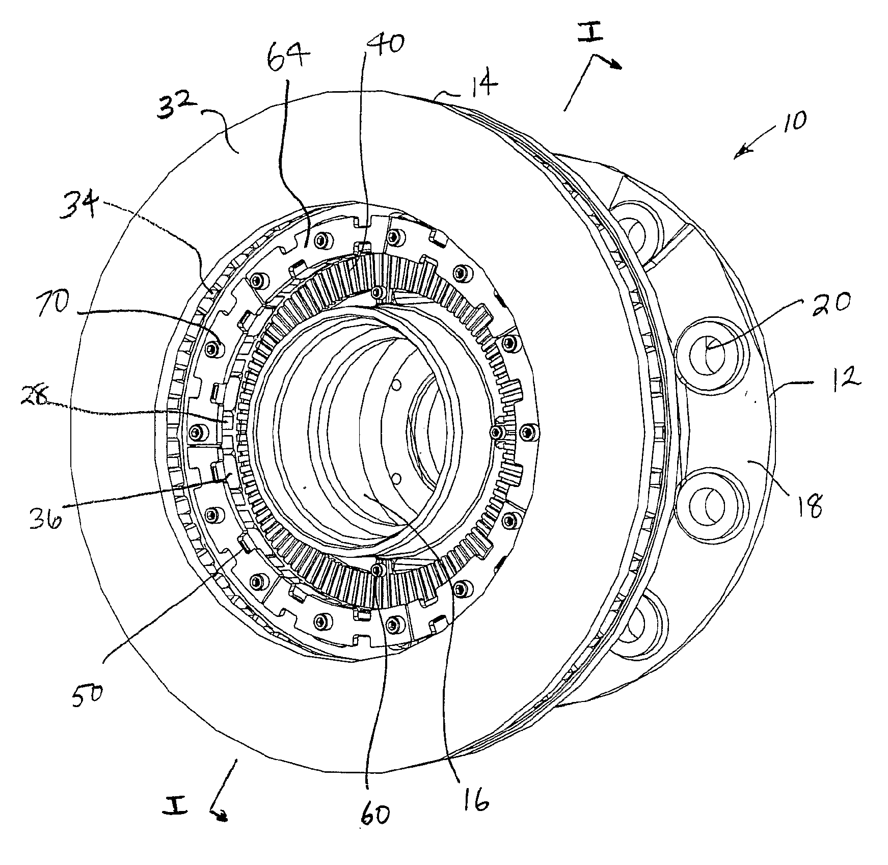 Brake rotor and abs tone ring attachment assembly that promotes in plane uniform torque transfer distribution