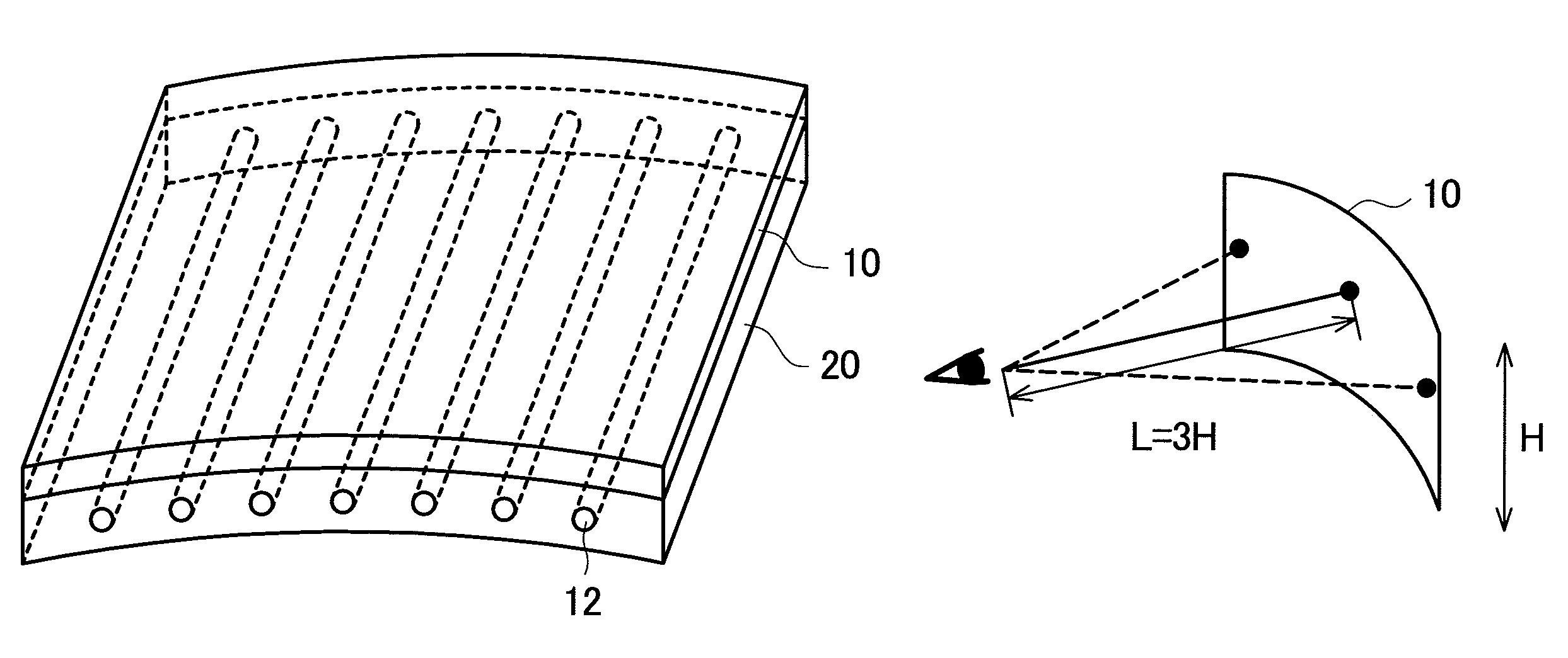 LCD device with plural fluorescent tube backlight for a rectangular curved display surface of a radius of from two to four times as large as the length of the short-side of the rectangular display region