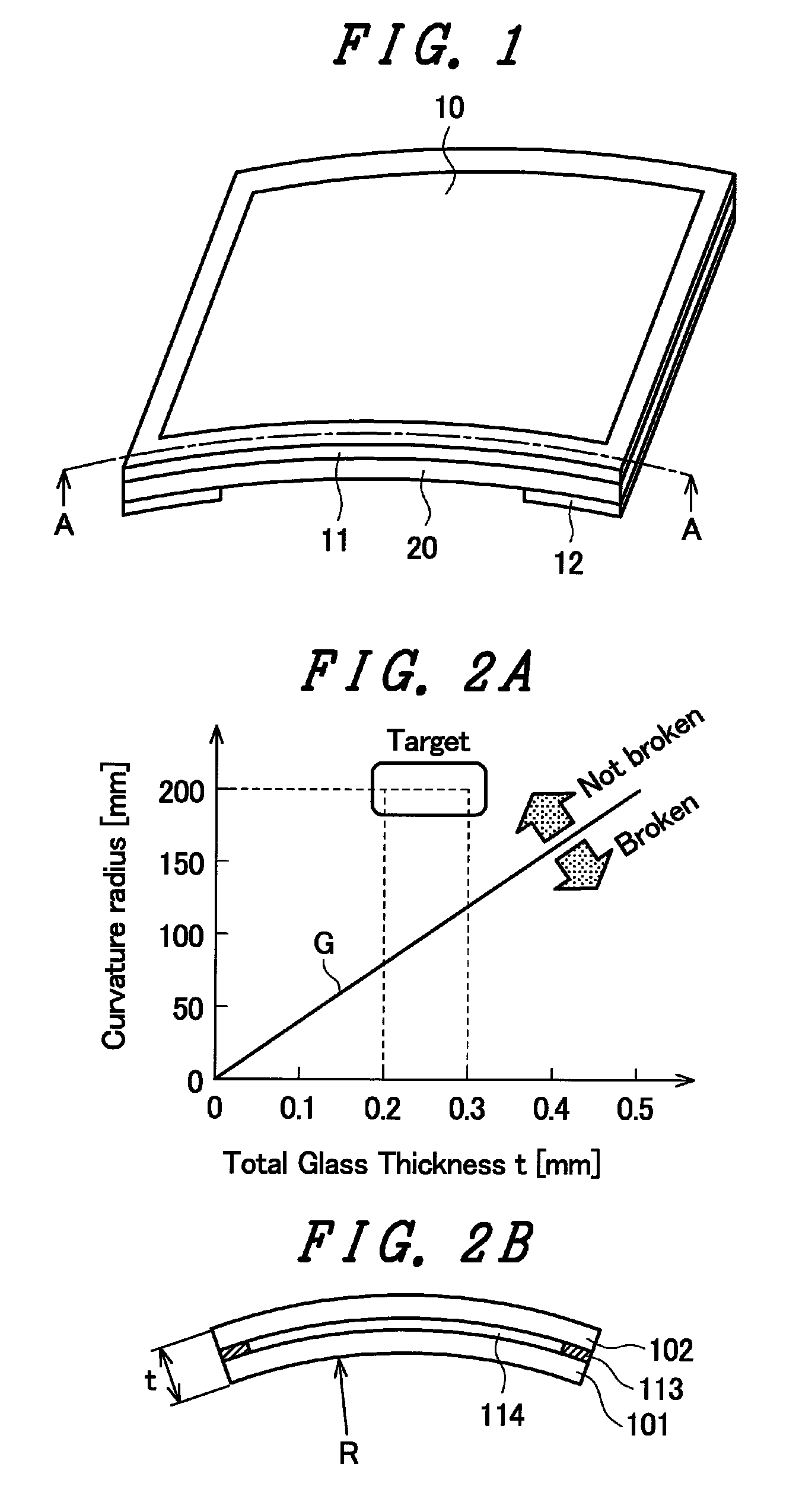 LCD device with plural fluorescent tube backlight for a rectangular curved display surface of a radius of from two to four times as large as the length of the short-side of the rectangular display region