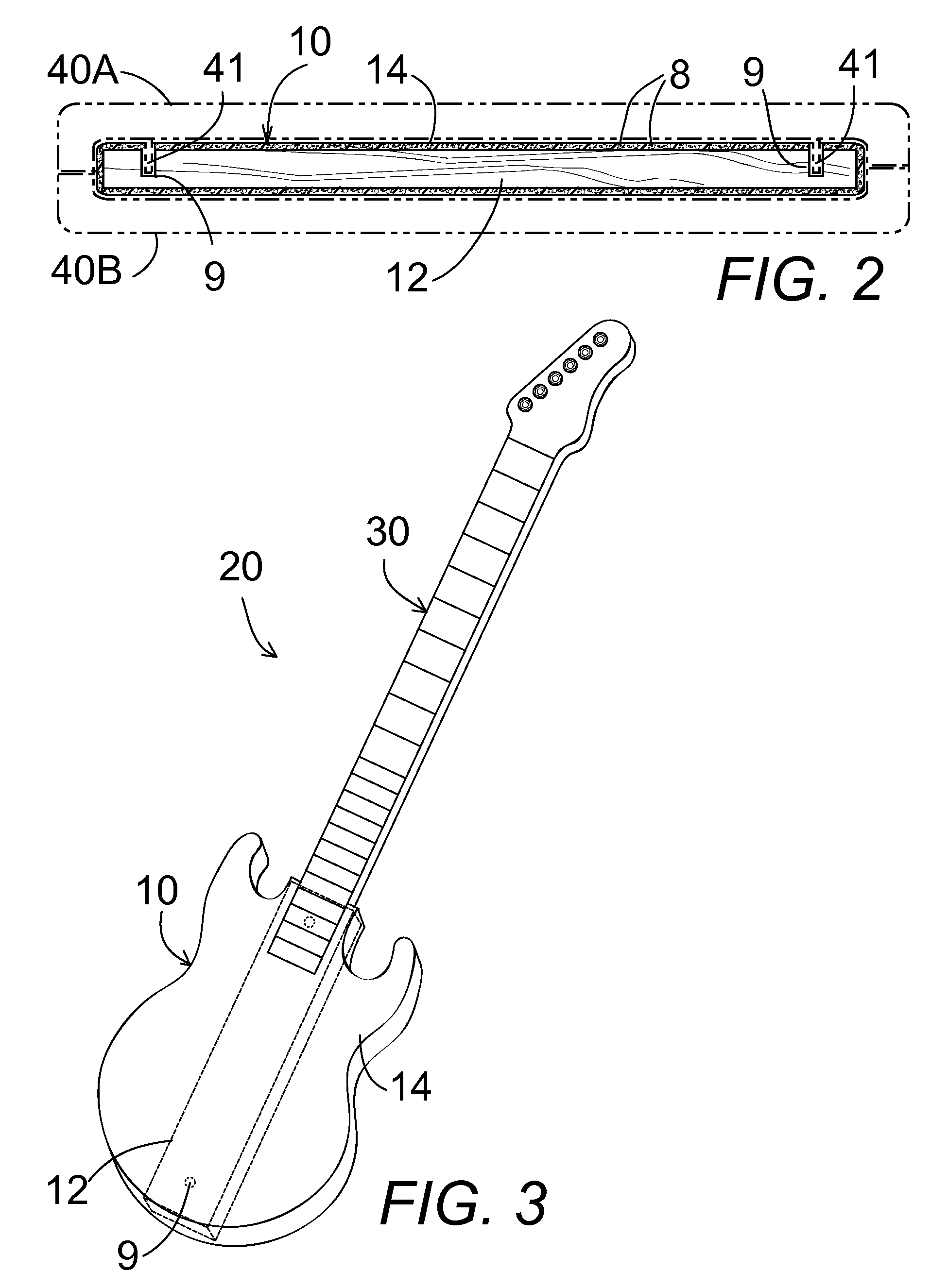 Molded stringed instrument body with wooden core
