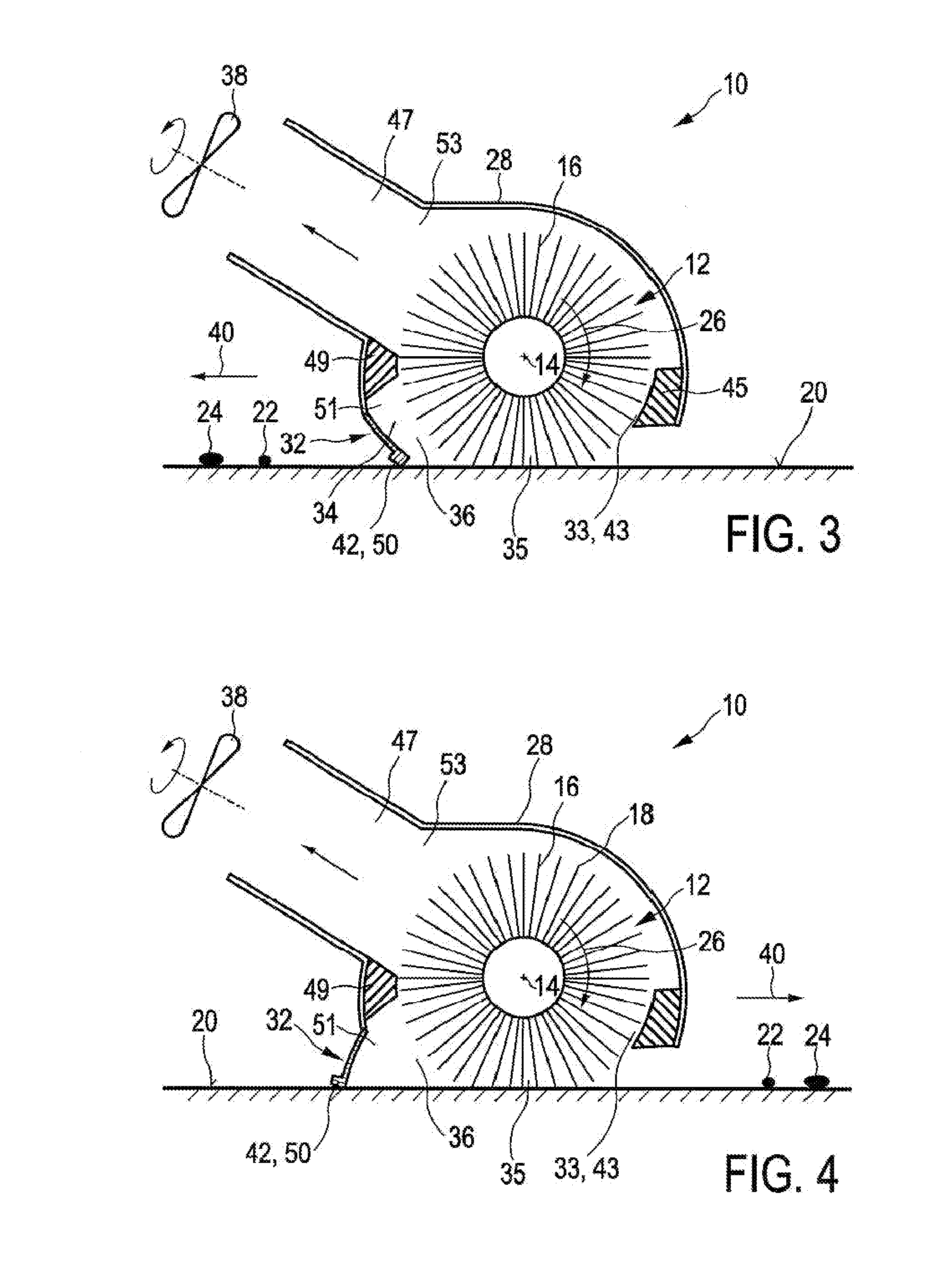 Cleaning device for cleaning a surface comprising a brush and a squeegee element