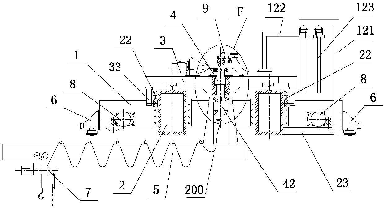 Bridge cantilever crane with two travelling trolleys and horizontal wheel devices