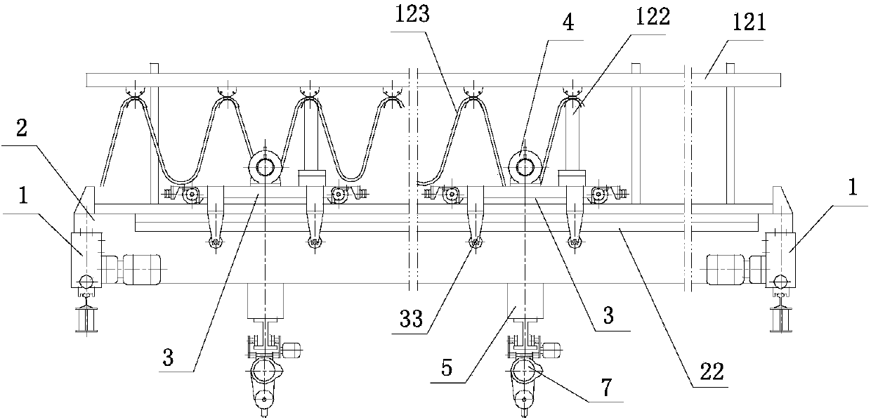 Bridge cantilever crane with two travelling trolleys and horizontal wheel devices