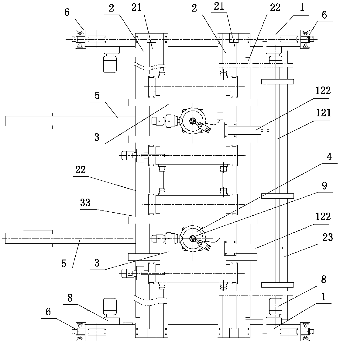 Bridge cantilever crane with two travelling trolleys and horizontal wheel devices