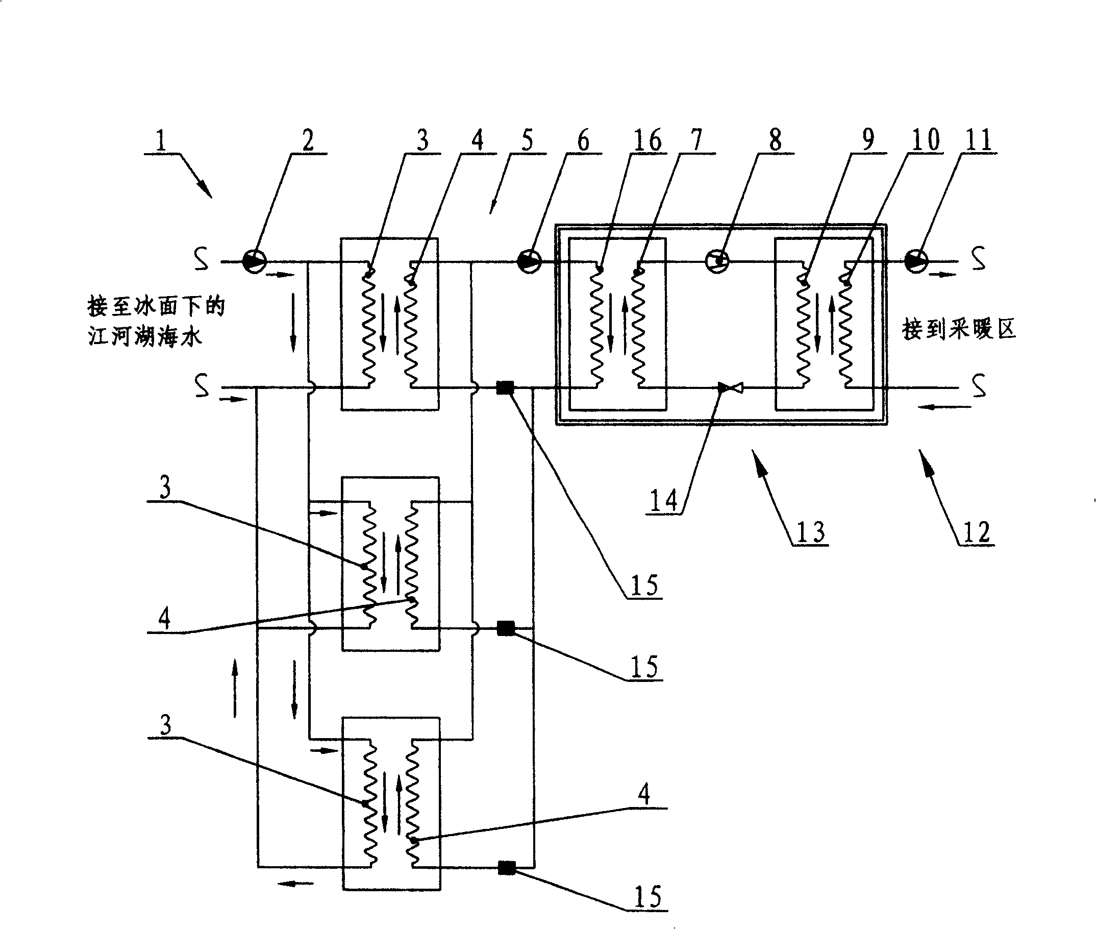 Extracting system of thermal energy of water of rivers, lakes and seas below the ice surface