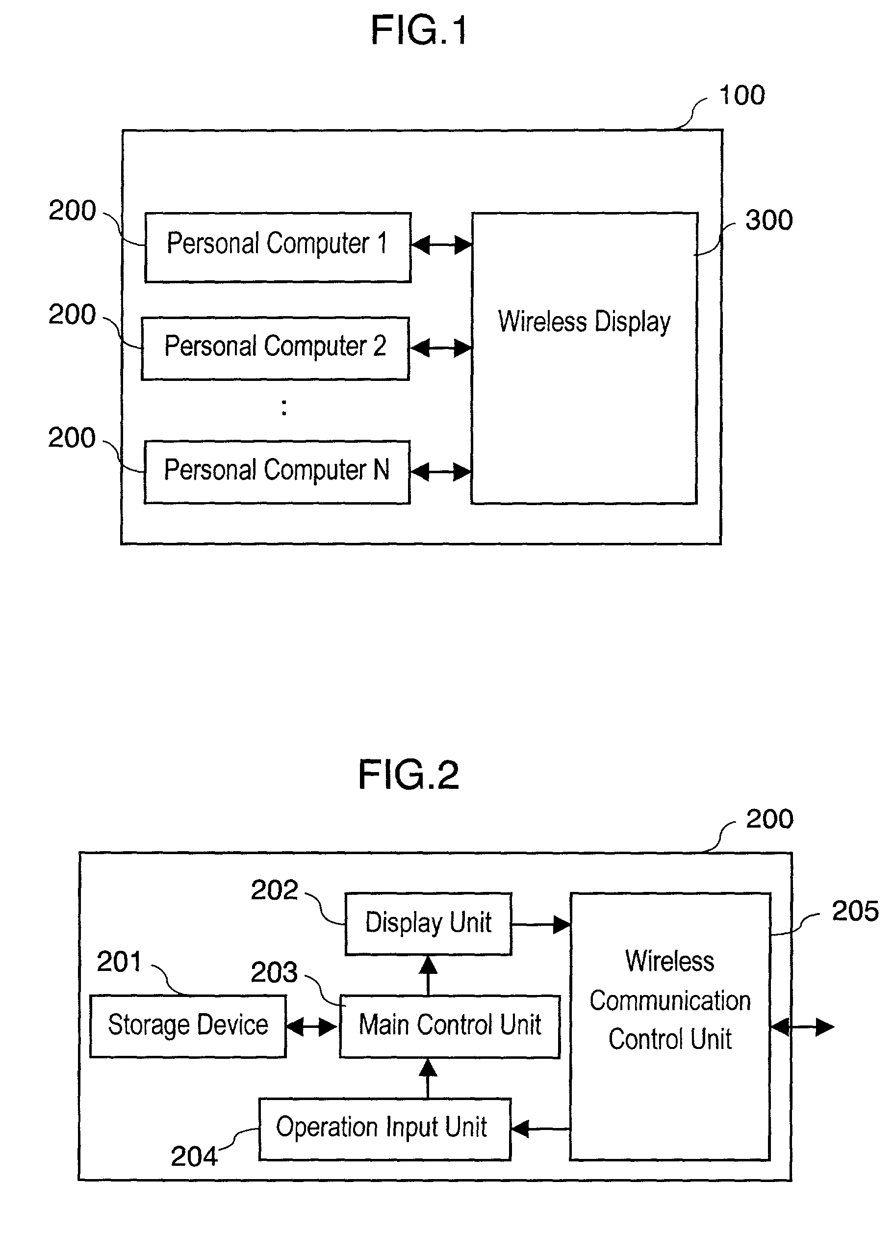 Wireless display system for operating and monitoring plural personal computers